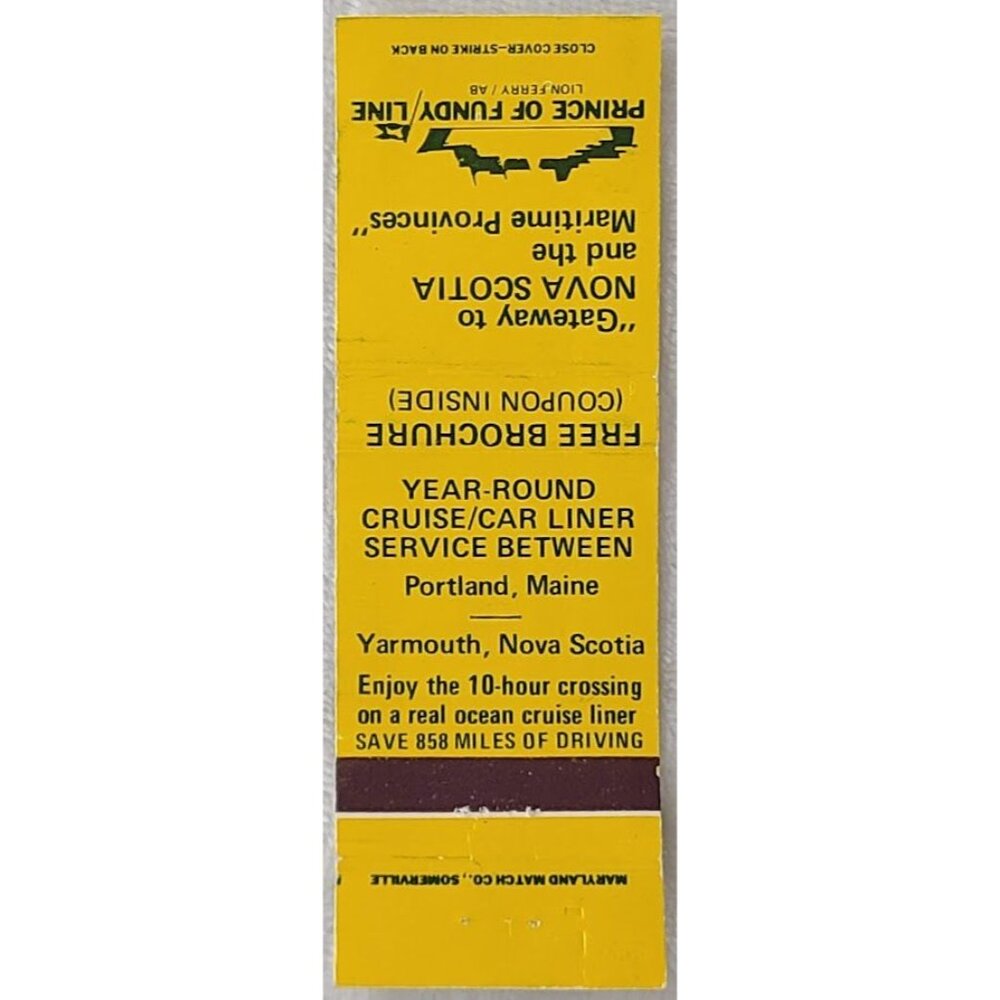 Matchbook Cover Prince of Fundy Portland Maine ME Yarmouth Nova Scotia Cruise
